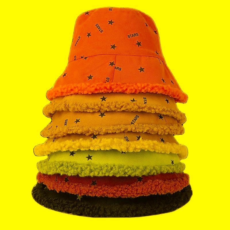 

Berets Star Print Lamb Velvet Double Sided Fisherman Hat Women Men Winter Warm Bucket Panama Casual Outdoor Sun HatBerets, Black