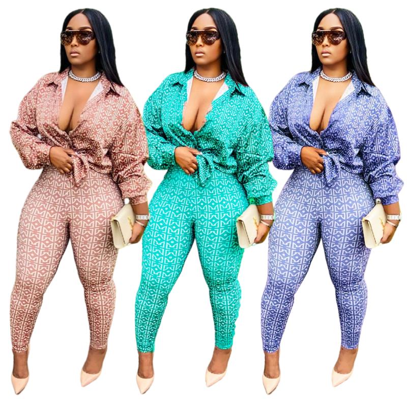 

Women's Two Piece Pants Fashion Printed Lapel Shirt Casual Suit Autumn Product Long Dress Trousers Pencil Two-piece, Blue