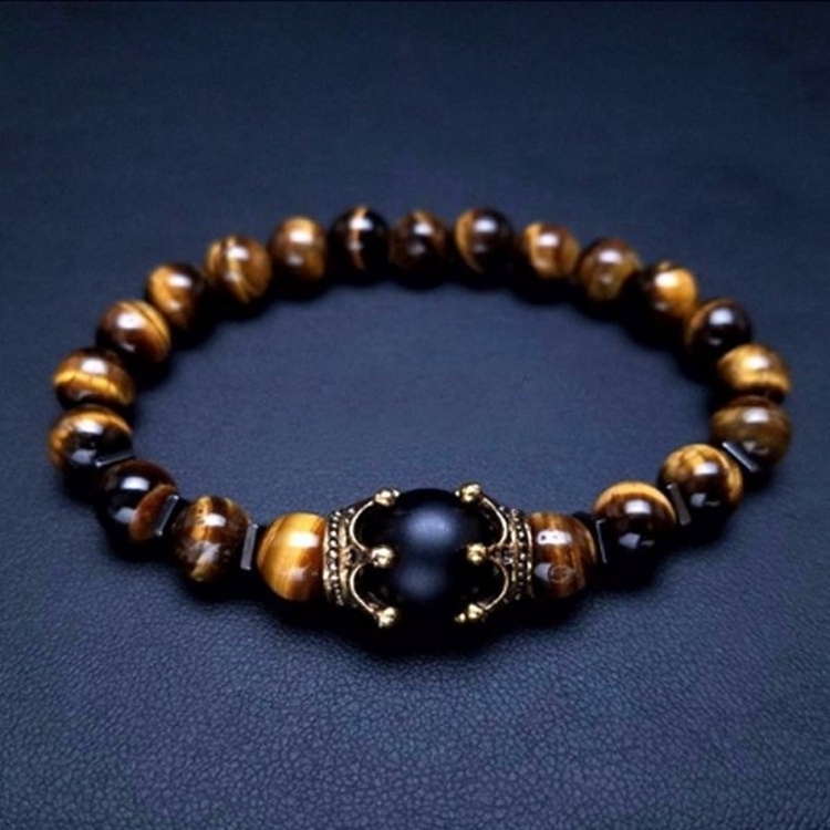

Charm Fashion Natural Jewelry Elasticity Antique Crown Blue Tiger Eye Stone Beaded Men Bracelet