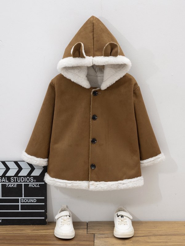 

Toddler Boys 3D Ear Design Teddy Lined Hooded Suede Coat SHE, Brown.