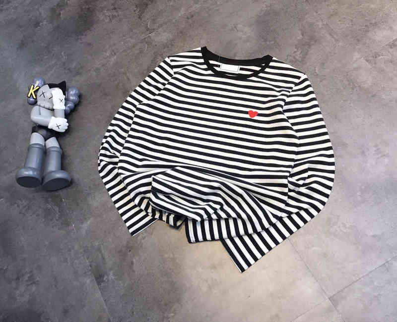 

Peach Fashion Designerautumn Heart Embroidery Stripe Long Sleeve T-shirt Cotton Slim Fit Casual Girls Bottoming Shirt, Black