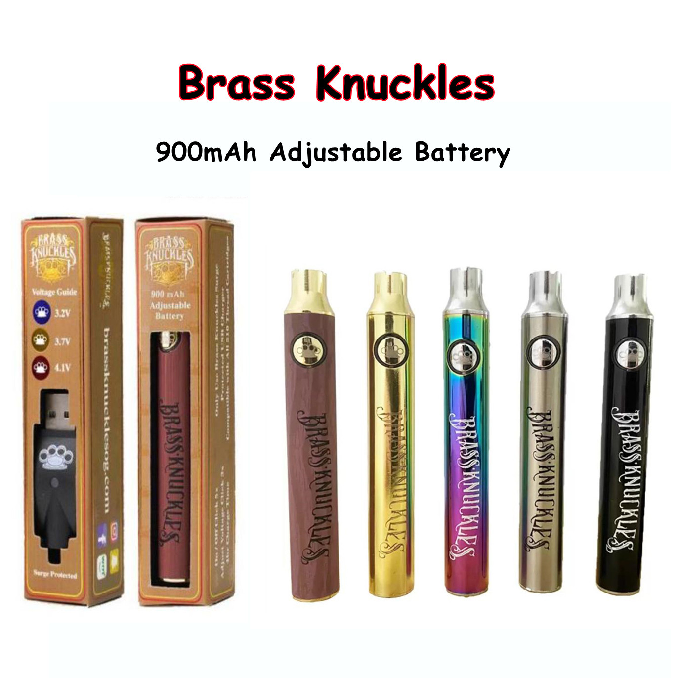 

BK Battery Brass Knuckles Batteries E Cigarette Vape Pen 900mAh Gold Wooden SS Rainbow Black Preheat 5 Colors VV For Thick Oil Cartridges