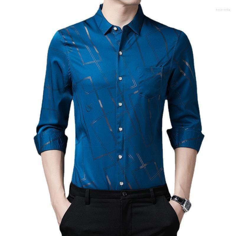 

Men's Dress Shirts Spring And Autumn Men's Striped Print Casual Slim Long Sleeve Shirt Breast Pocket Youth Trend Hawaiian ShirtMen's Hor, White