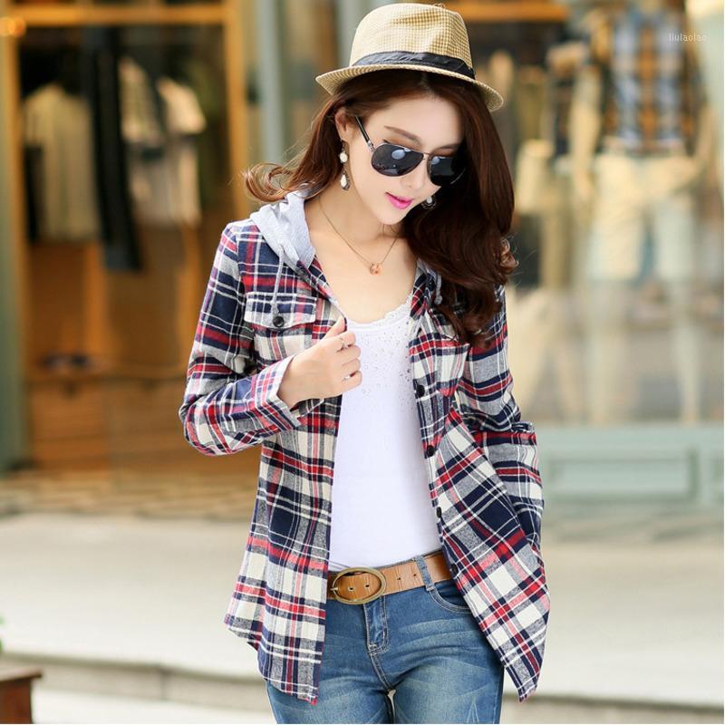 

Women's Blouses & Shirts Classic Hit Color Plaid Blouse Women 2022 Autumn Fashion Hooded Shirt Long Sleeve Cotton British Style Female