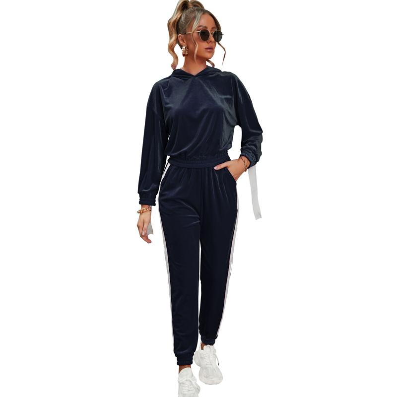 

Women' Two Piece Pants Autumn Winter Velvet Tracksuit Women 2 Set Pullover Hoodies Top Long Suit Solid Stripes Matching Sets Casual Outfits, Black