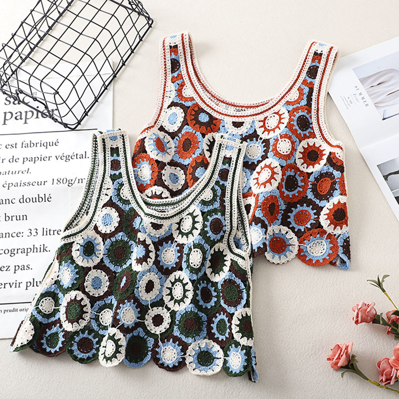 

Boho Chic Top Mujer Summer Tank Tops Women Sleeveless CamisTee Shirt Femme Retro Floral Crochet Crop Top Holiday Beach Wear 220613, Blue