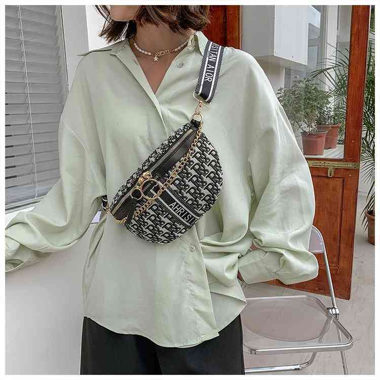 

New messenger chest bag women's texture letter large capacity one shoulder waist bag Purses_00IQ, Black