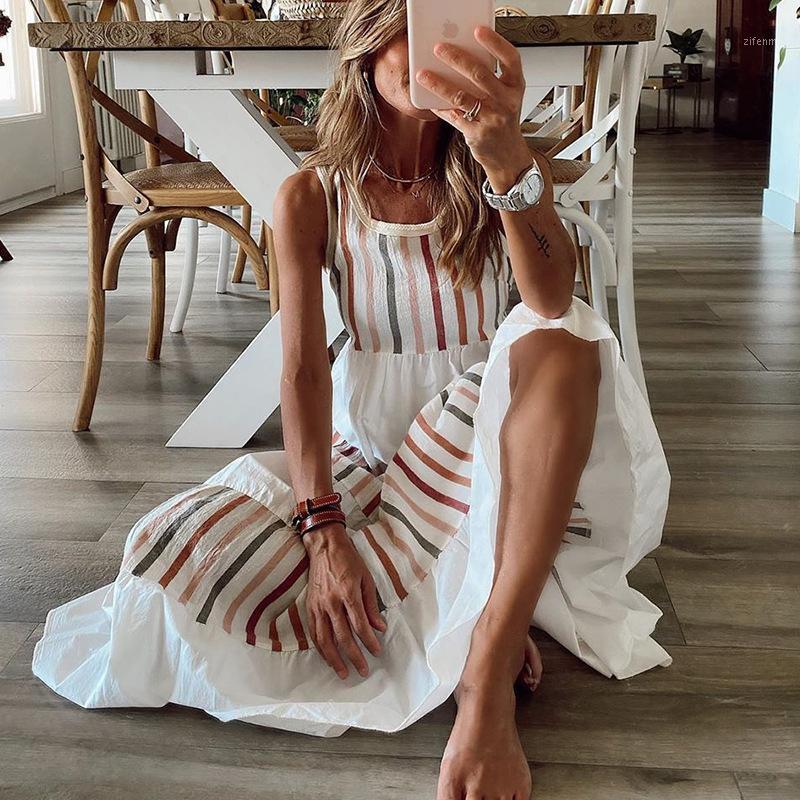 

Casual Dresses 2022 Contrast Color Sleeveless Lengthened Large Swing Women' Dress, White