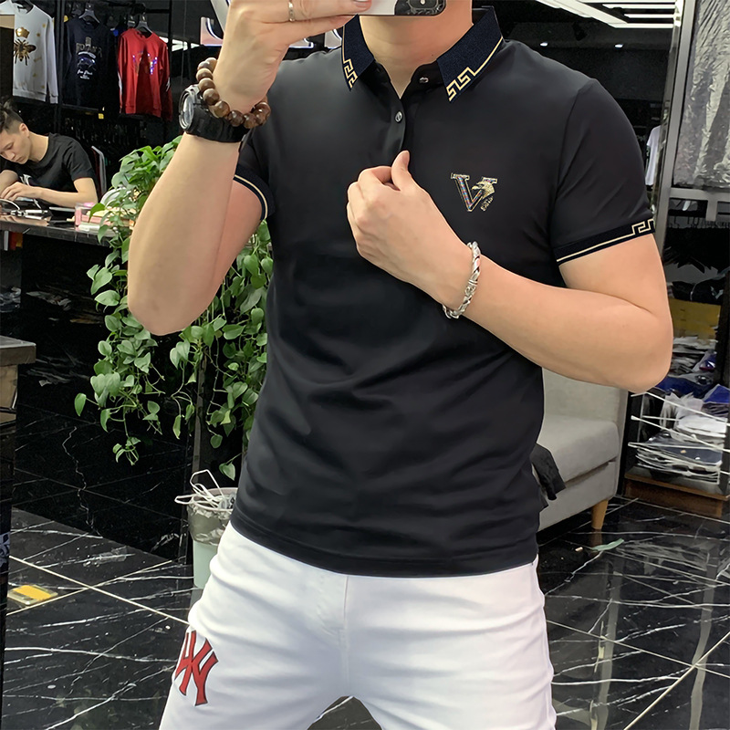

2022 Summer New Men's Polo Shirt Ice Silk Fashion Letter Printing Short Sleeve Gold Design Luxury Lapel Polos Black White Clothing Top M