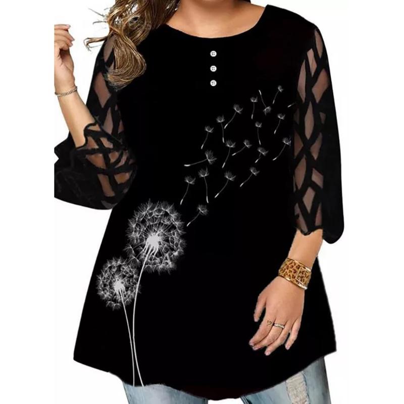 

Women's Plus Size T-Shirt Blouse Women 2022 Autumn Three Quarter Mesh Sleeve Printed Elegant Tunic Tops Loose Oversized Ladies Shirt TopWome