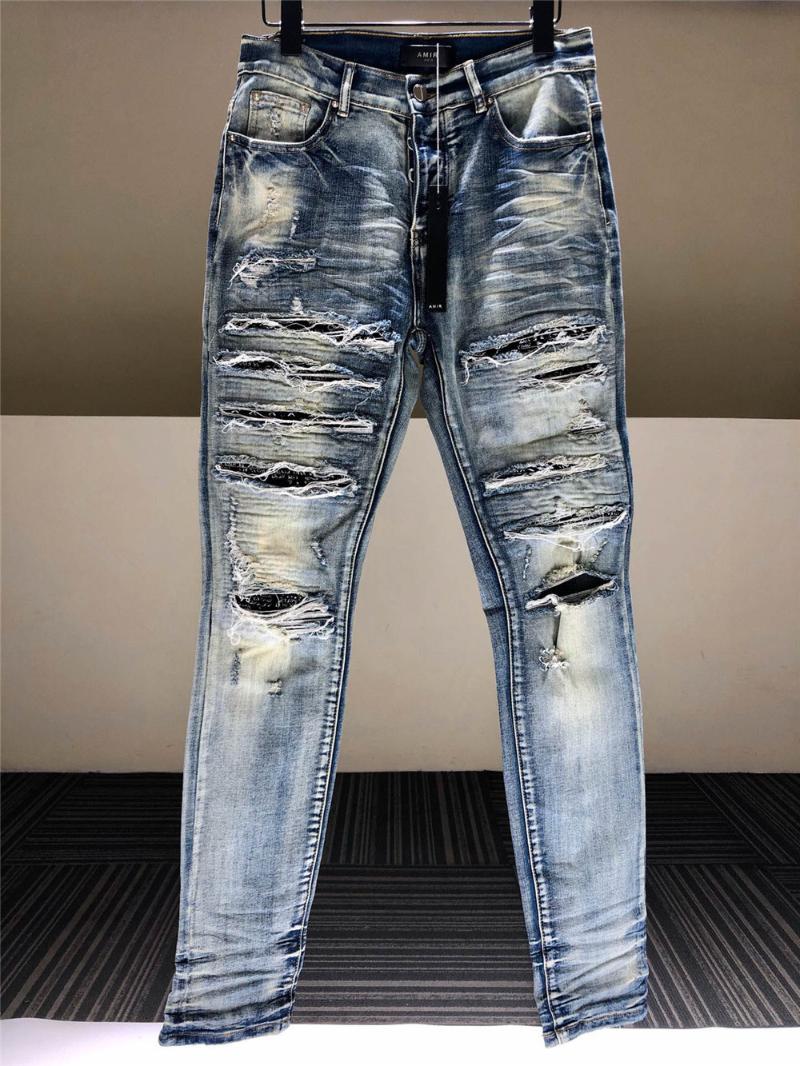 

Men's Jeans Knee Stitching Blue Patchwork Biker Jean Stacked America Fashion Street Stretch Denim Motorcycle Pant Men SkinnyMen's