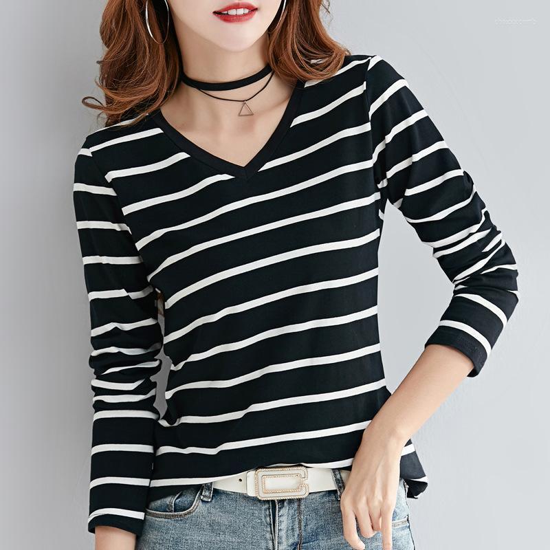 

Women's T-Shirt V Neck T Shirts For Women Cotton Long Sleeve 2022 Striped Korean Style Womens Tops Spring Autumn Casual Woman Clothing, Black