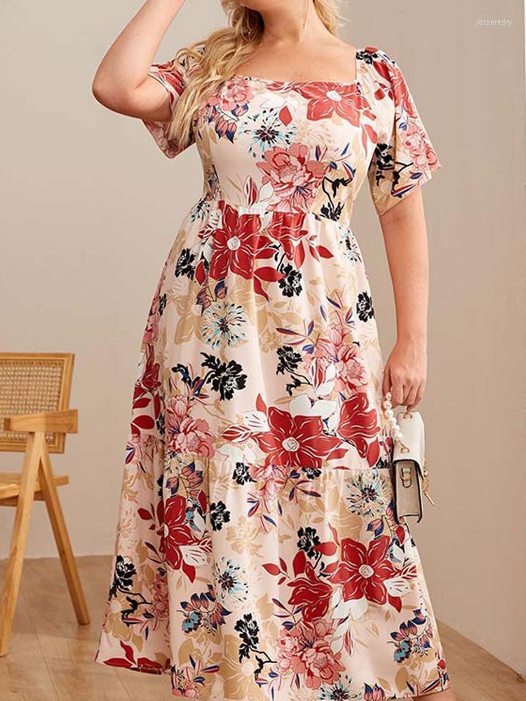 

Plus Size Dresses Summer Women Dress Female Square Collar Short Sleeve High Waist Floral Print Holidays Boho Beach Maxi Long DressPlus Jasp2, Pink