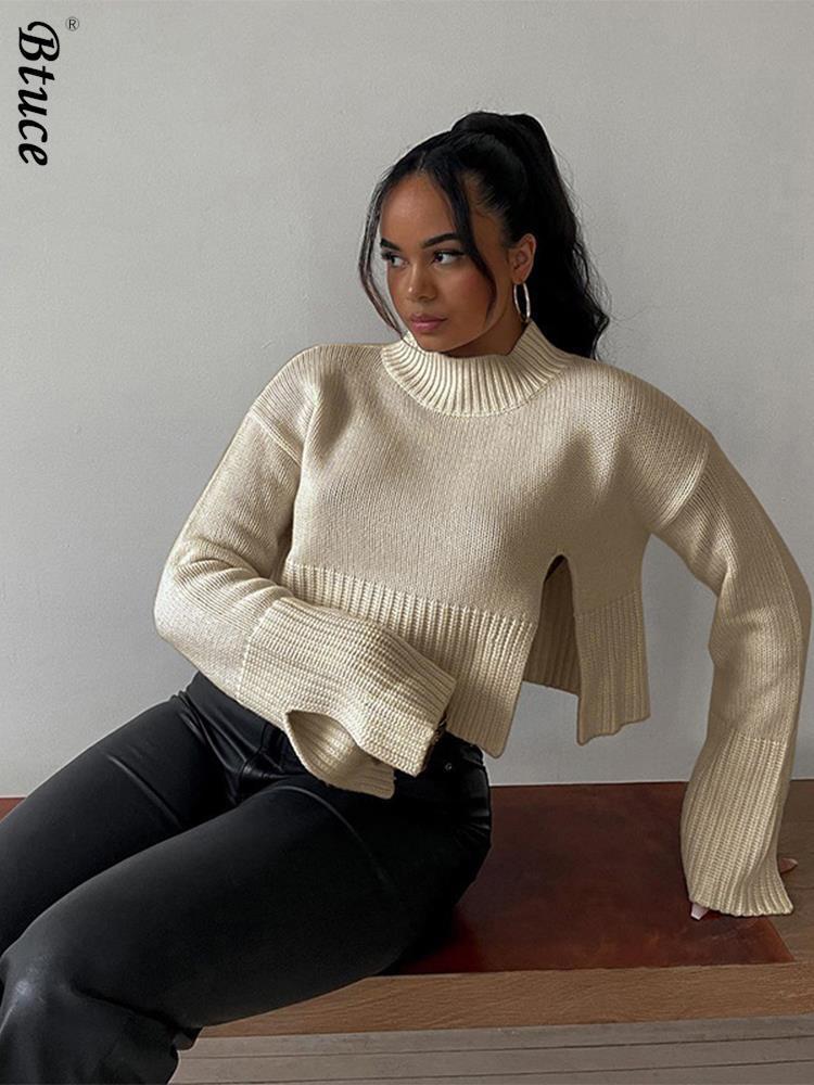 

Women Solid Color Cropped Sweater Casual Long Sleeve Crew Neck Slit Slim Top Sweater Lady Spring Autumn Tie Up Pullover 220816, White