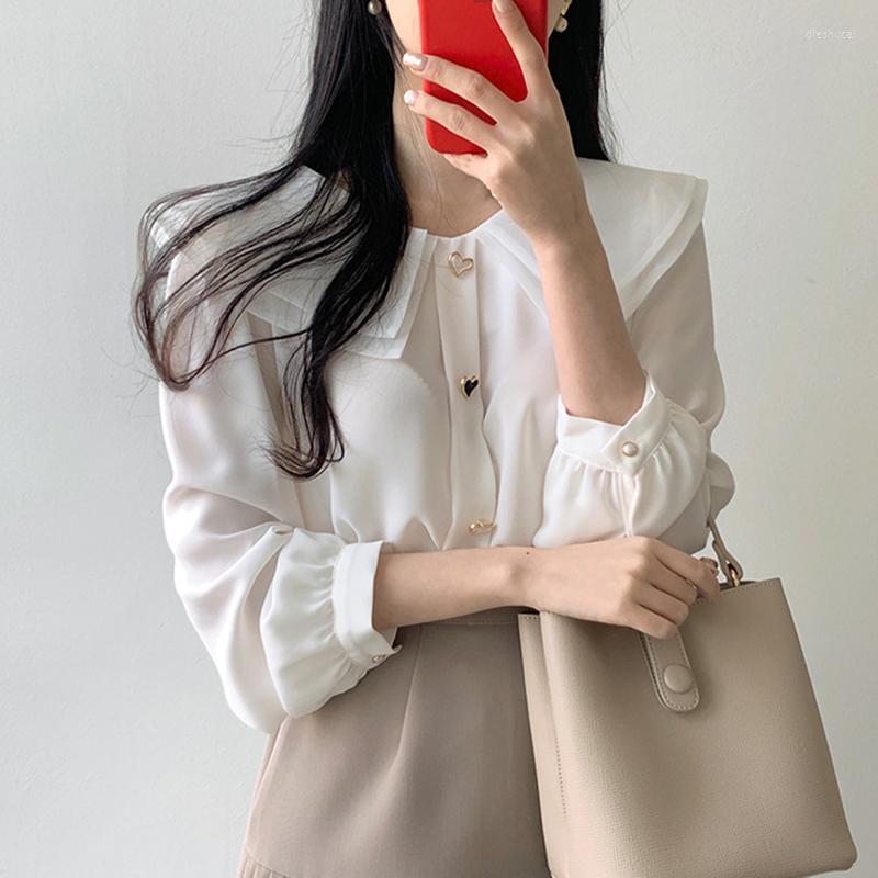 

Women' Blouses & Shirts LJSXLS Double-layer Collar Chiffon Blouse Women Fashion Button Long Sleeve Shirt Female Spring Summer White Loose T, Pink