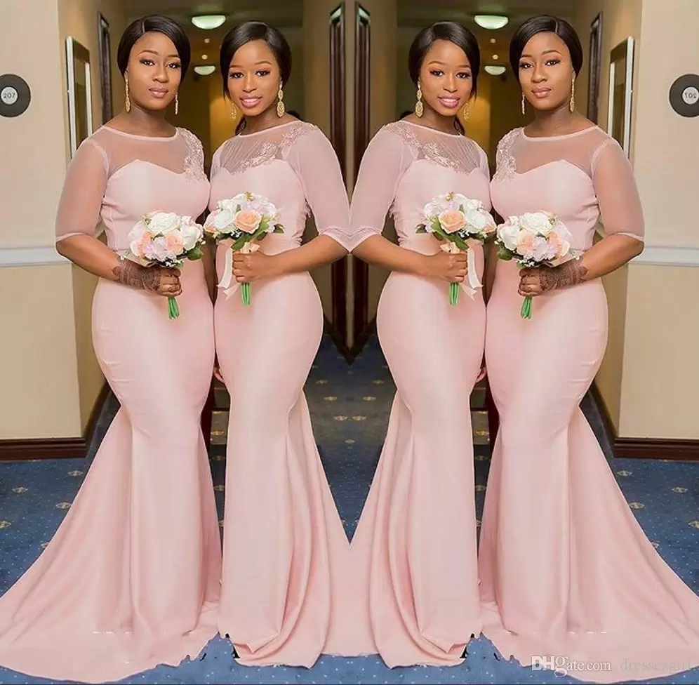 

Blush Pink Sheer Jewel Neck Bridesmaid Dresses 1/2 Sleeve Mermaid Floor Length Black Girls Maid of Honor Gown Wedding Guest Dress
