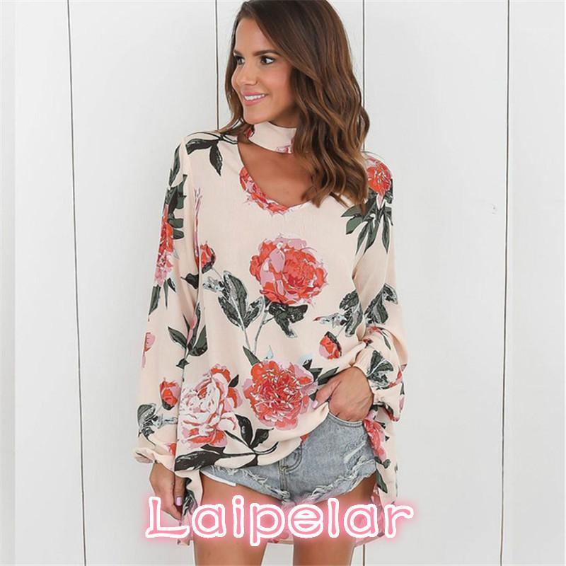 

Women' Blouses & Shirts Women Chiffon Blouse Sexy Summer Floral Print Choker V-Neck Casual Long Sleeve Shirt Loose Tops Plus Size Blusas, Apricot