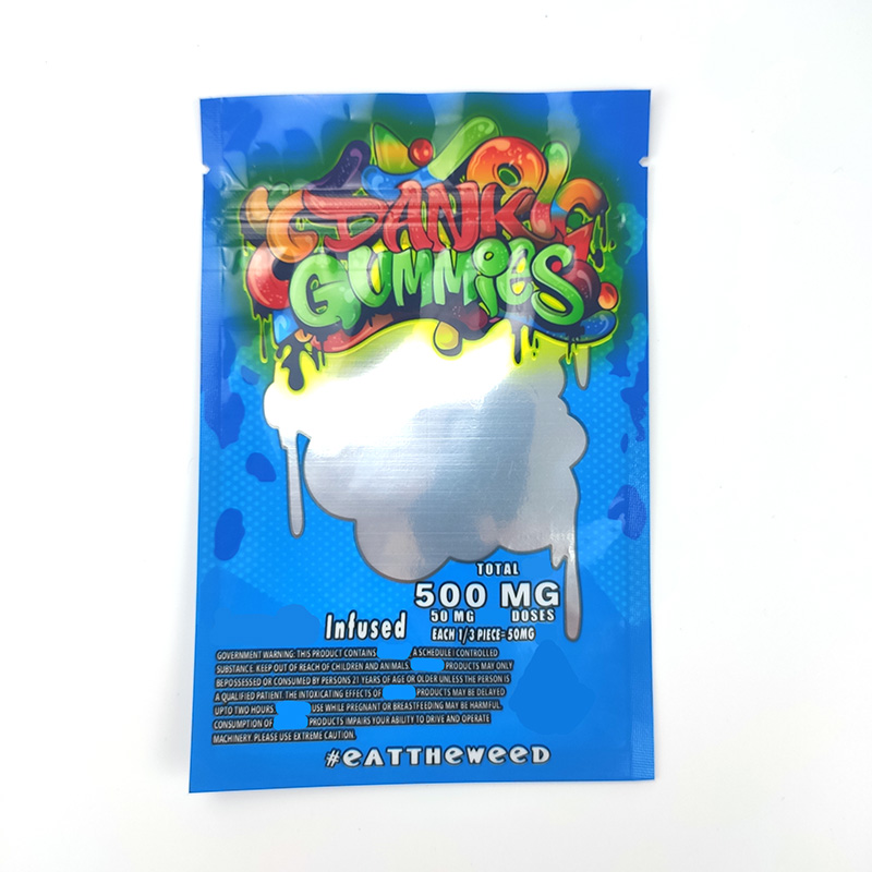

Dank Gummies Mylar Bag 500mg edibles packing bags Gummy 4 types Worms Bears smell proof resealable zipper packaging empty red purple green blue plastic packages