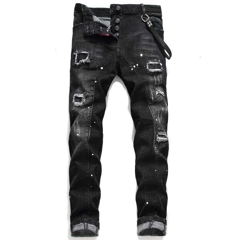 Mens Jeans jean Hip hop pants street trend Zipper chain decoration ripped Stretch Black Fashion Sli-image-759661805