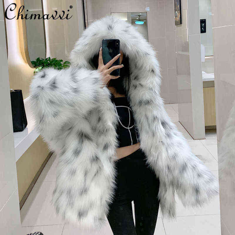 

High-End White Fur Hooded Fur Coat Female 2021 New Winter Clothes Fashion Luxury Mid-Length Thick Warm Jacket All-matching T220810