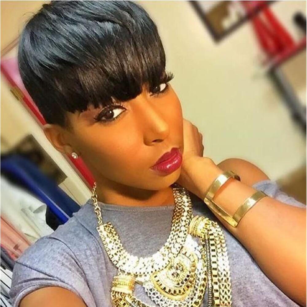 

Pixie Short Cut Malaysian Human hair straight Wavy Wigs Natural Black Color Glueless Wig For Women Full Machine Made Wigs, #1b