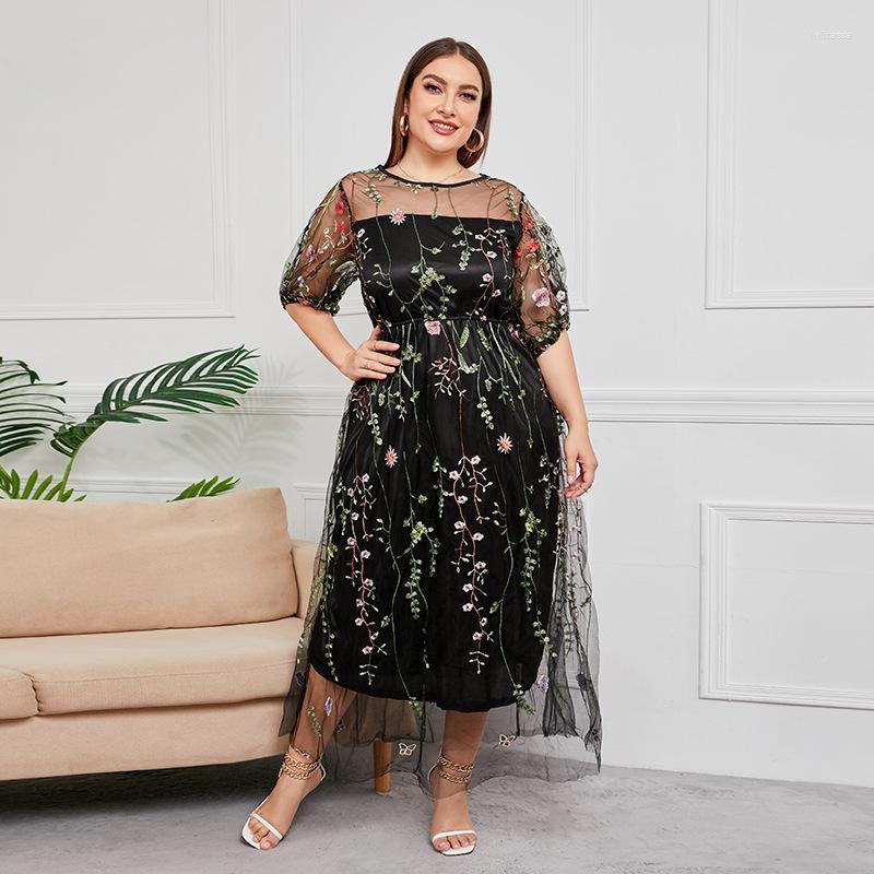 

Plus Size Dresses Prom Women Mesh See Through Short Sleeve Embroidery Floral Elegant Party Dress Black Maxi Long Loli22