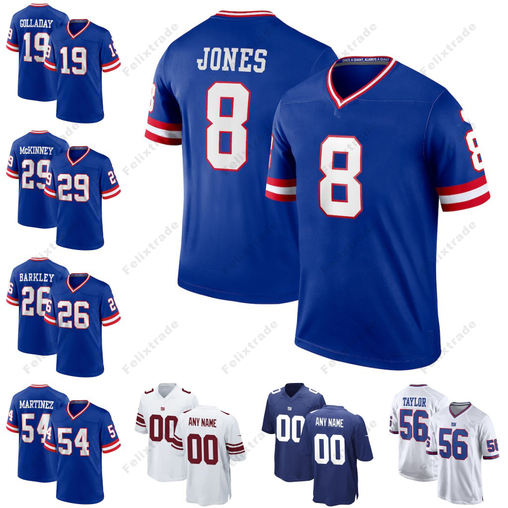 

8 Daniel Jones 2022 NY Giants Royal Classic Jersey 19 Kenny Golladay 26 Saquon Barkley 29 Xavier McKinney 54 Blake Martinez 56 Lawrence Taylor 99 Leonard Williams