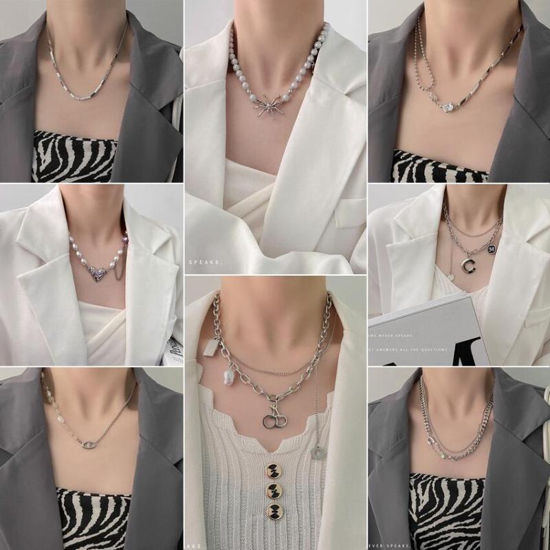 

Chains SO Punk Hip Hop Titanium Steel Geometric Heart Pin Clouds Pearl Spider Chain Pendant Necklace Female Jewelry Drop