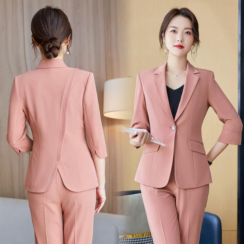 

Two Piece Dress Half Sleeve Slim-Fit Commute Solid Color Pink Trousers Workwear Two-Piece Set Work Uniforms Beautician Business Wear Suit, Grayjacketpants
