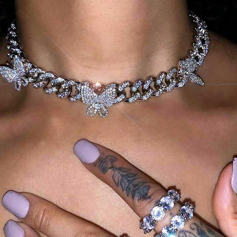

Earrings & Necklace Cuban CZ Rotate Butterfly Bracelet Iced Out Anklet&Necklace Gold Silver Color Bling Hip Hop For Women Men Jewelry 10, As pic