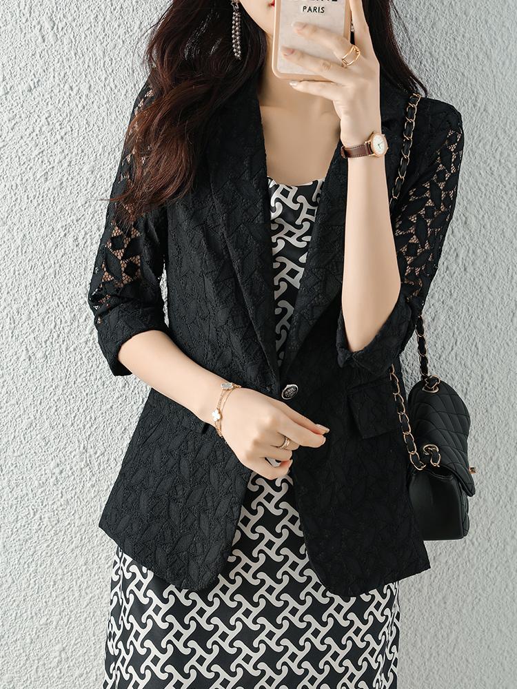 

Women' Suits & Blazers Solid Black Women Blazer Suit Casual One Button Half Length Hollow Out Sexy Mesh Sleeve Female Coat Jacket Fashion, White