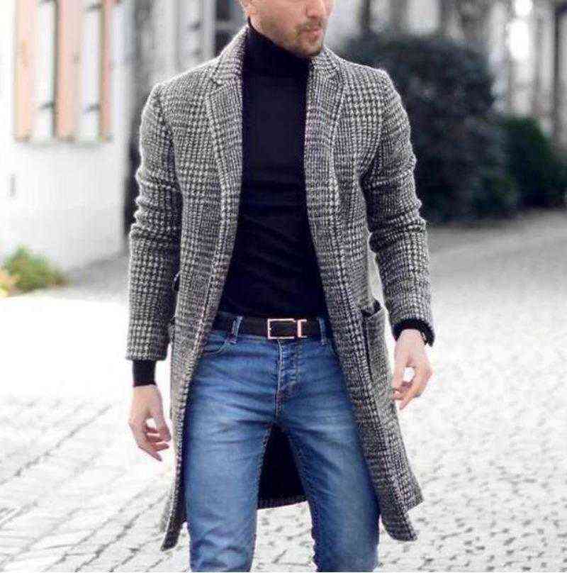 Men's Wool & Blends Plaid Mens Woolen Coat Young Winter Trendy Mid-length Men Overcoat Long Jacket T220810