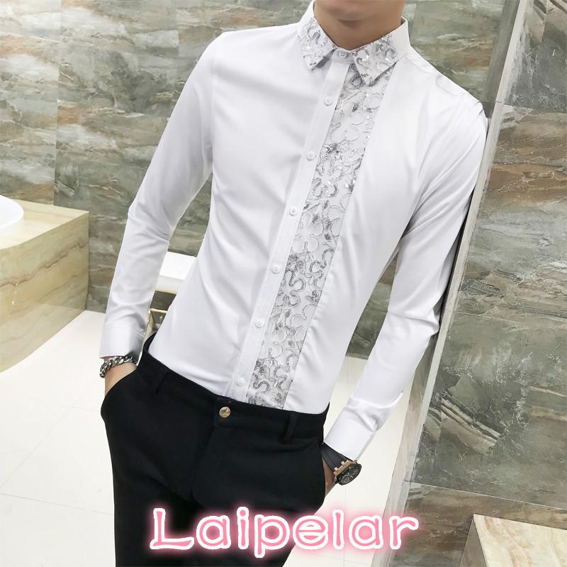 

Men's Dress Shirts Sexy Lace Patchwork Shirt Men Spring Slim Fit Long Sleeve Tuxedo Night Club Work Blouse 3XL-M, Black