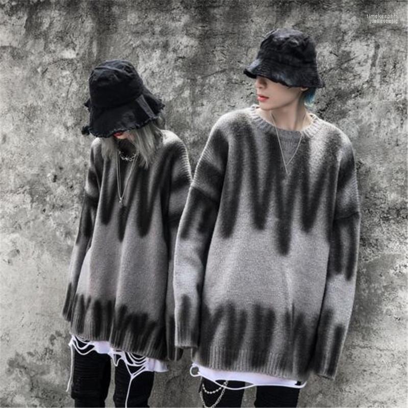 

High Quality Vintage O Neck Knitted Sweater Men Stripe Loose Pullover Mens Street Hip Hop Couple Homme Men's Sweaters Time22, Gray