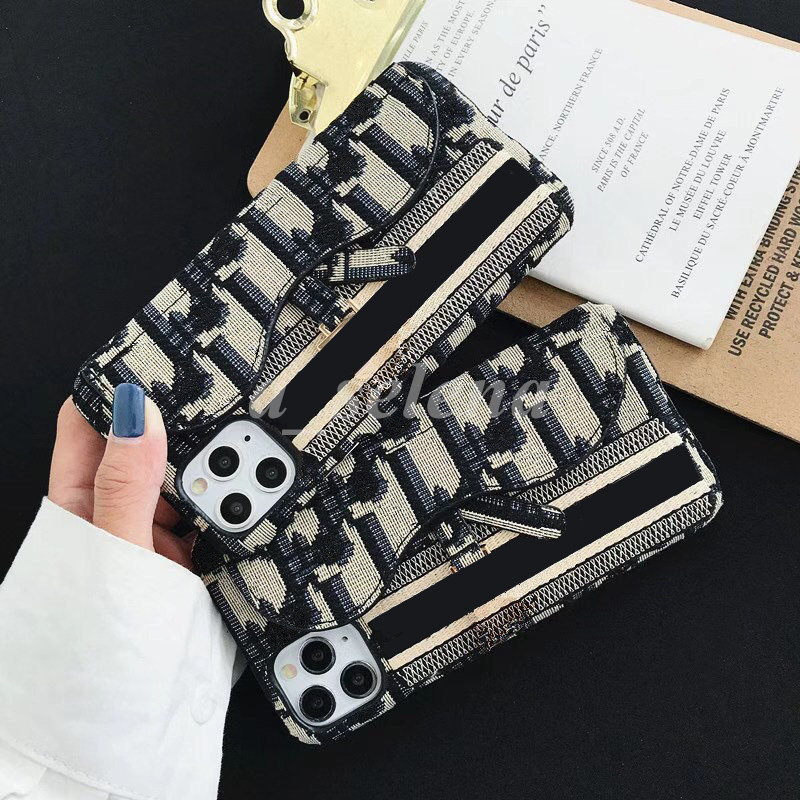 

Designer Embroidery Cell Phone Cases for IPhone 13 12 11 XR X XS Mini 7 8 Plus Cellphone Cover with Card Holders, Black
