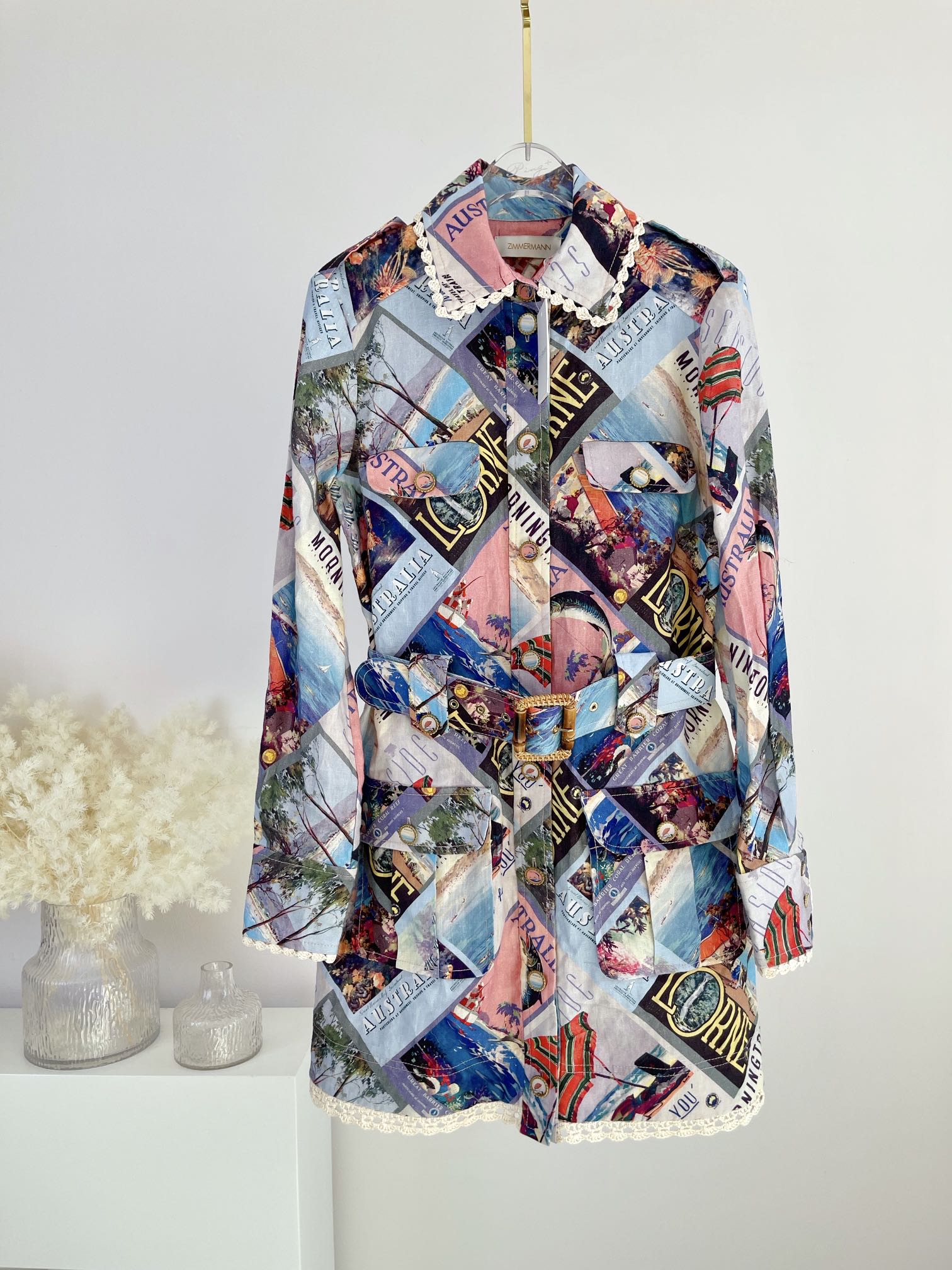 

2022 Australian fashion belt printed linen dress, Army green