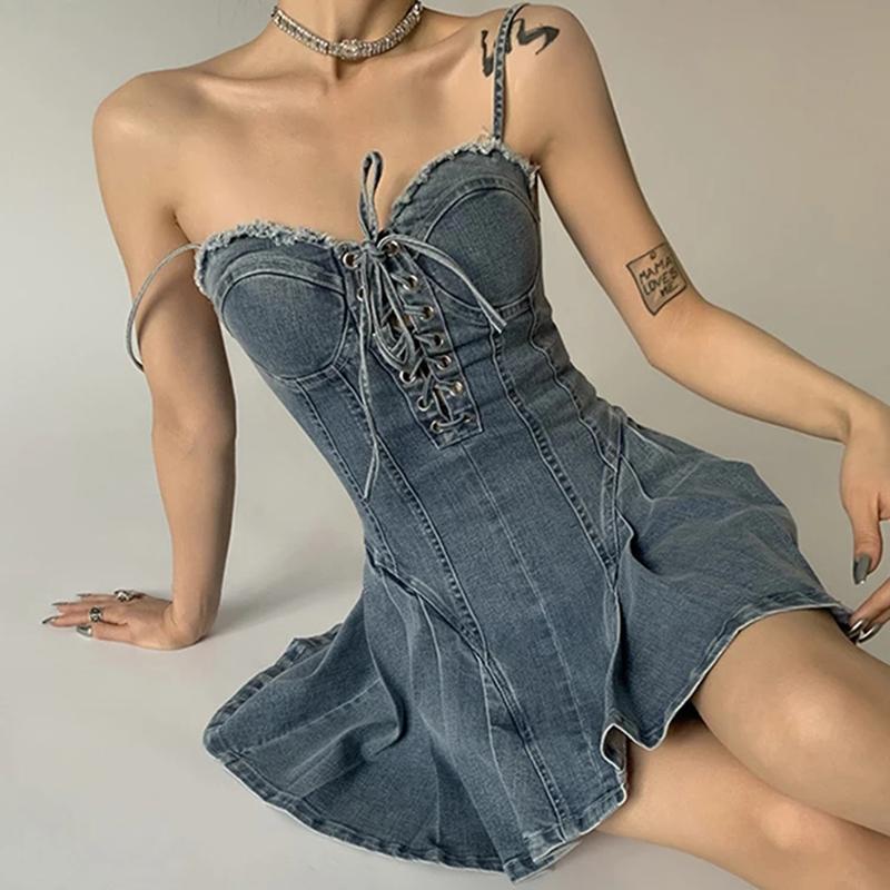 

Casual Dresses Women Denim Dress Hip Package Elastic Drawstring Lace Up Spaghetti Mini Bodycon A-line Sexy Streetwear For ClothesCasual, Blue