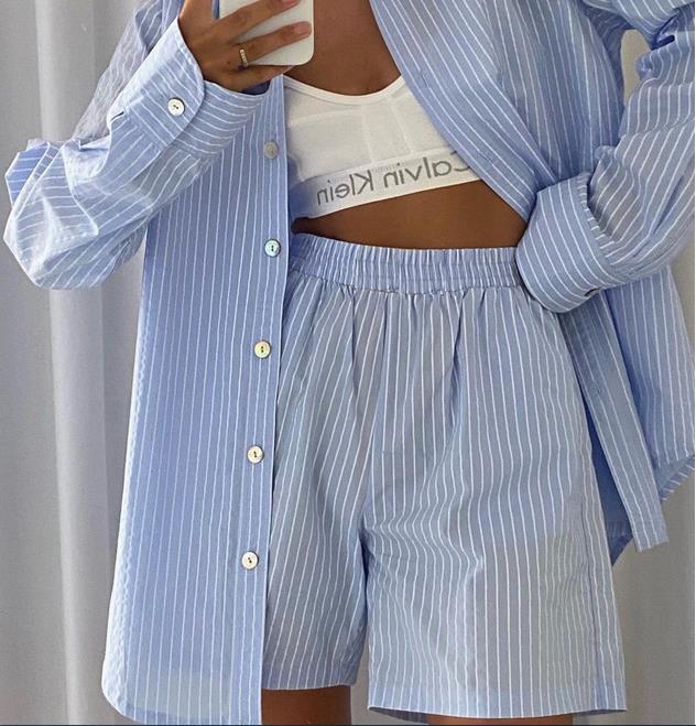 

Women' Tracksuits Loung Wear Women Shorts Set Stripe Long Sleeve Shirt Tops And Waist Loose High Mini Shorts Two Piece Sets, Purple pink stripes