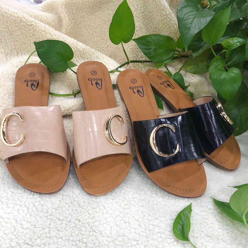 

Big c Metal Buckle Flat Sandals Slippers Summer, Black