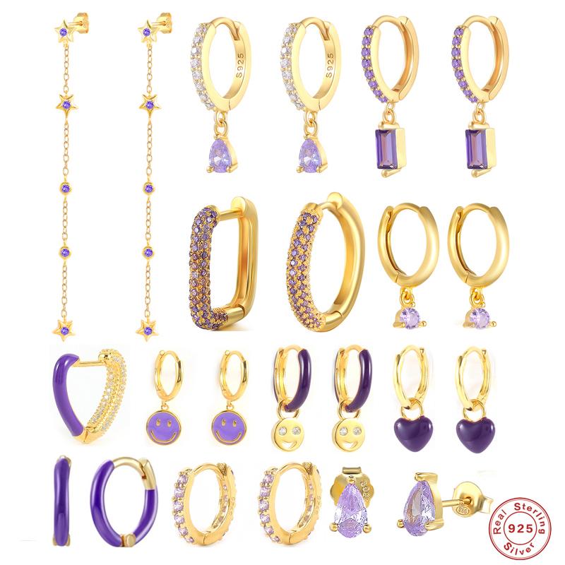

Hoop & Huggie Aide 925 Sterling Silver Dainty Purple Zircon Series Earrings For Women 2022 Trend Enamel Heart Pendant PendienteHoop