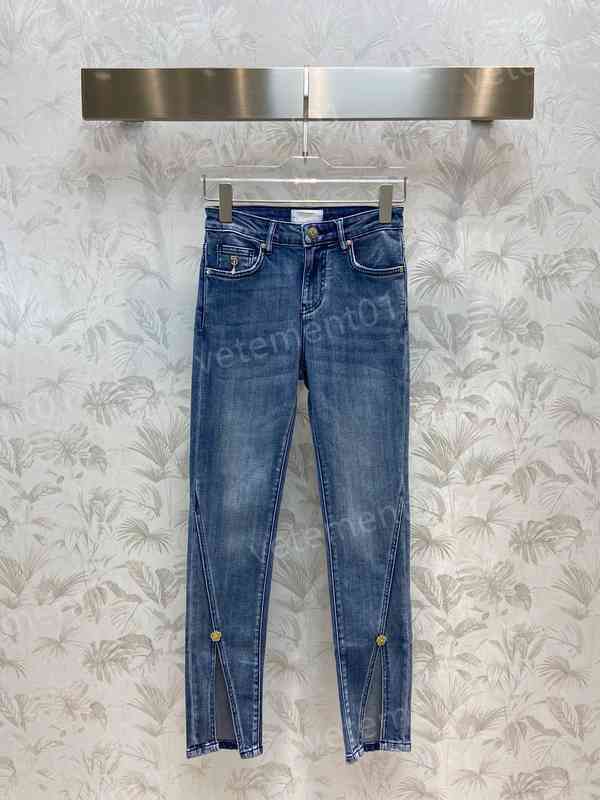 

Designer Womens Slit Design Jeans CH..L Back Leather Logo Jeans Fashion Brand Thin Elastic Trousers Luxury Women Pants Designer Clothing