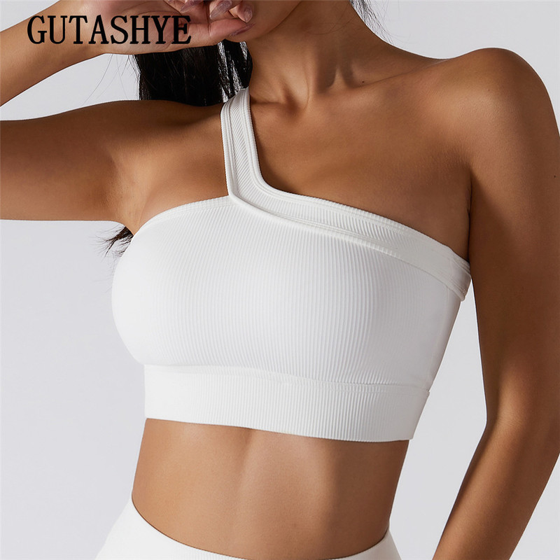 

Sexy One Shoulder Yoga Bras Women Sports Top Crop Athletic Vest Push Up Underwear Bra wear Wire Free Gym Shirts 220510, White