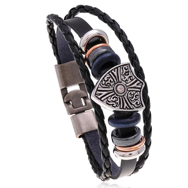 

Charm Bracelets Simple Braided Jewelry Leather Bracelet For Men Rock Multilayer Weave Bead Shield Oval Flower AccessoriesCharm
