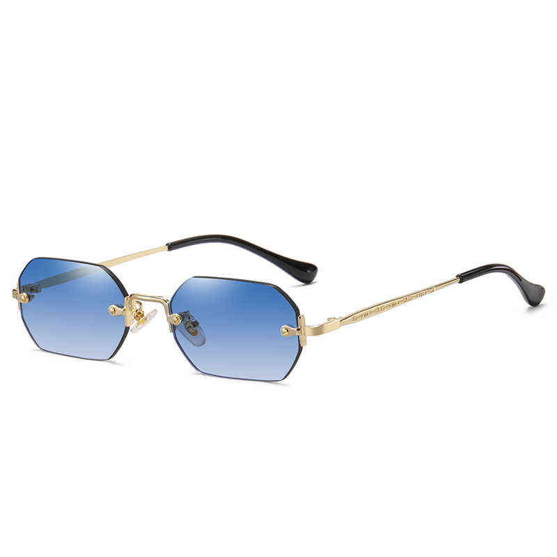 

Rimless Rectangle Sunglasses Small Men Glasses Women Metal Gold Polygon Blue Shades 2021 UV400 Frameless Y220410