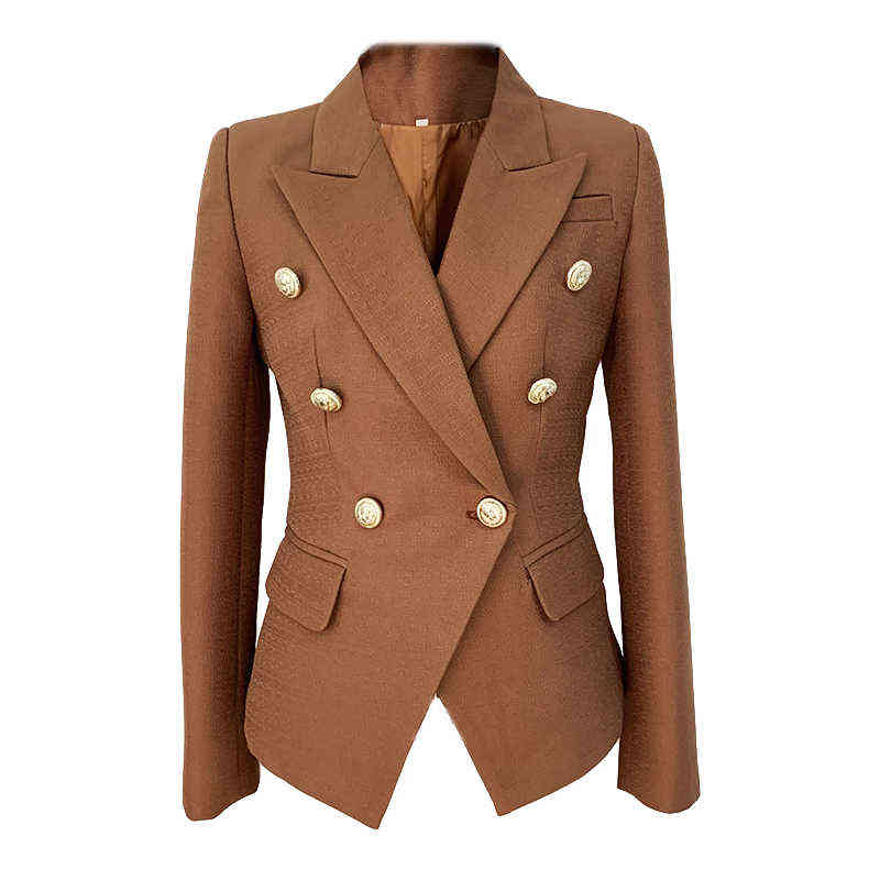 

Brown Women Blazer Metal Gold Lion Button DoubleBreasted SlimFit Cotton Linen Office Ladies Blazer Women High Qaulity J220813, Brown blazer.