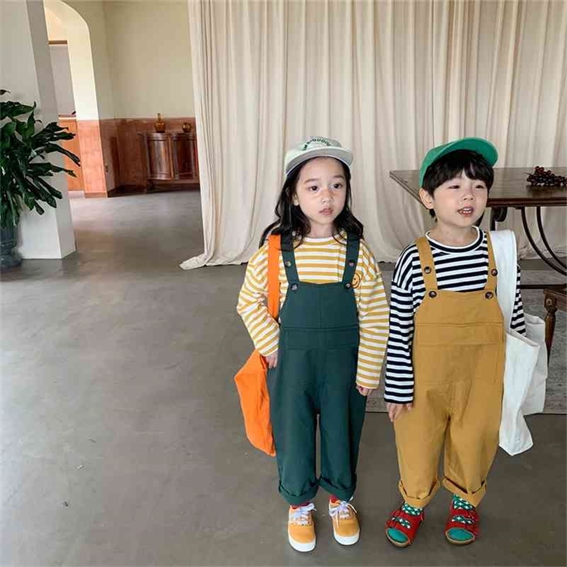 

Spring Autumn siblings 3 colors casual overalls boys and girls cotton loose all-match suspenders 210708, Khaki