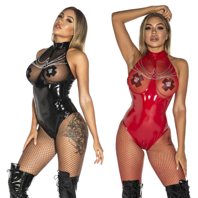 Women's Two Piece Pants Sexy Women PVC Latex Catsuit Faux Leather PU Bodysuits Erotic Leotard Costume Halter Neck Mesh Fishnet Bust Zipper