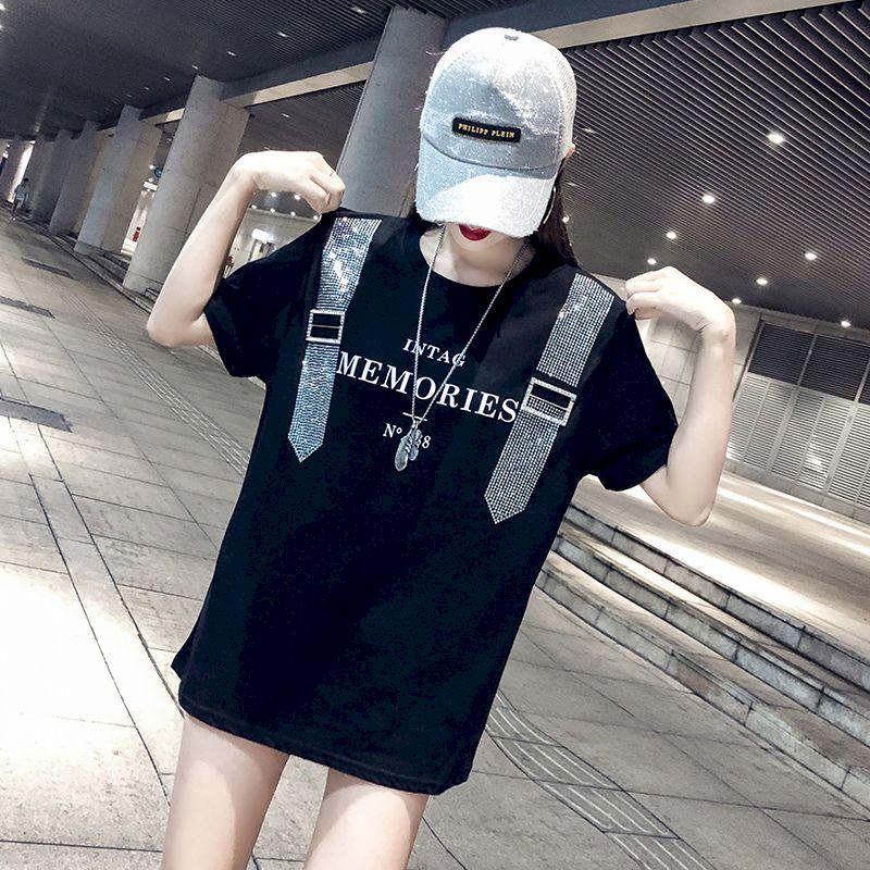 

Women's T-Shirt Womens T Shirts Summer Fashion Trend Short Sleeve Heavy Industry Drill Loose Mid-length Tops Oversized Tshirts WomanWomen's, Black