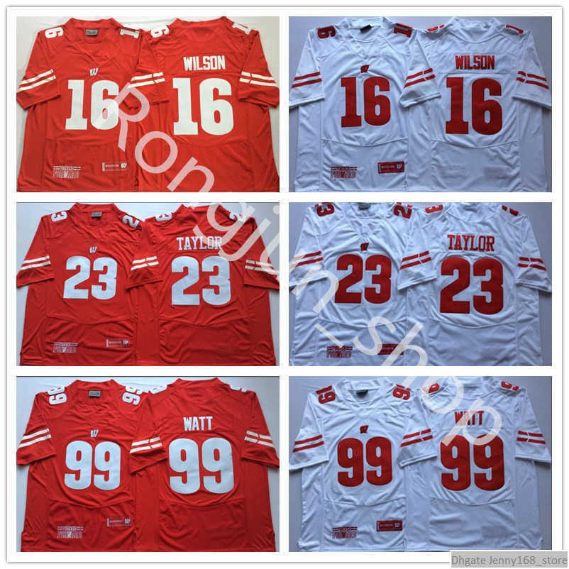 

NCAA Football College Wisconsin Badgers 16 Russell Wilson Jersey 99 JJ Watt 23 Jonathan Taylor University Red White Team Breathable Uniform Top Quality, As picture