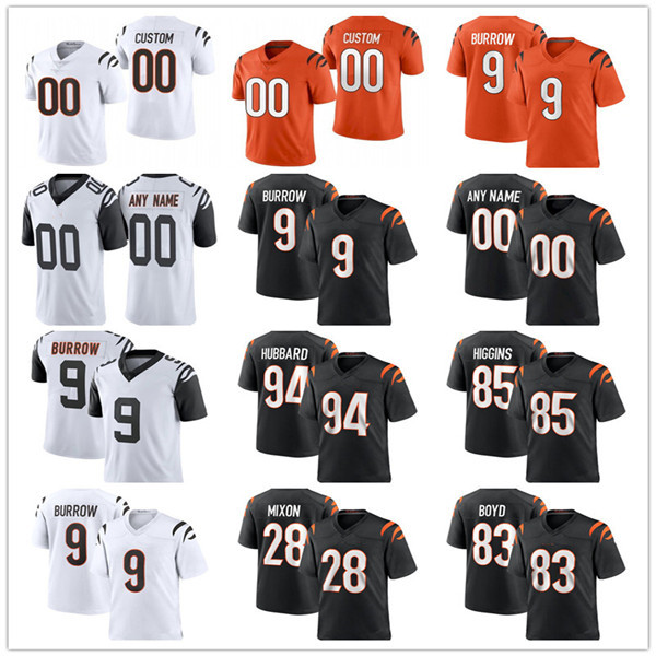 

custom 9 Joe Burrow 1 Ja'Marr Chase 28 Joe Mixon custom 30 Jessie Bates III 2 Evan McPherson 85 Tee Higgins 83 Tyler Boyd 94 Sam Hubbard 23 Daxton Hill Football Jerseys, Colour